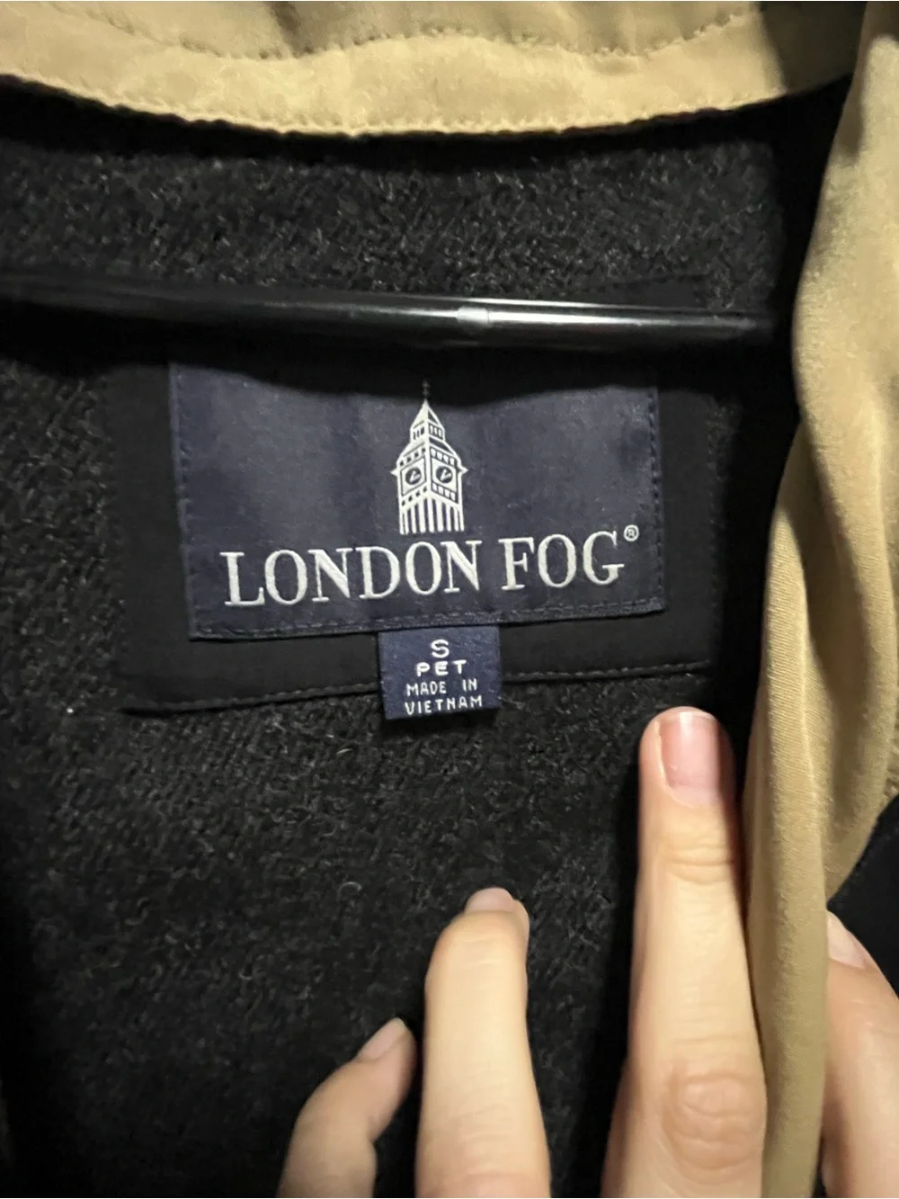 London Fog Black Trench Coat with Tan Hood Lining